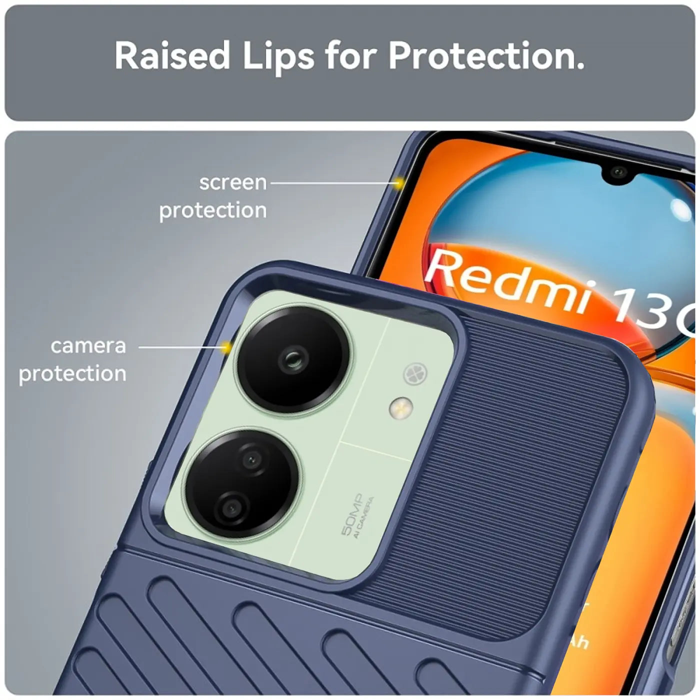 Dunkelblaue Handyhülle aus Kunststoff, Nahaufnahme, zeigt Xiaomi Redmi 13C mit Kamera- und Displayschutz.