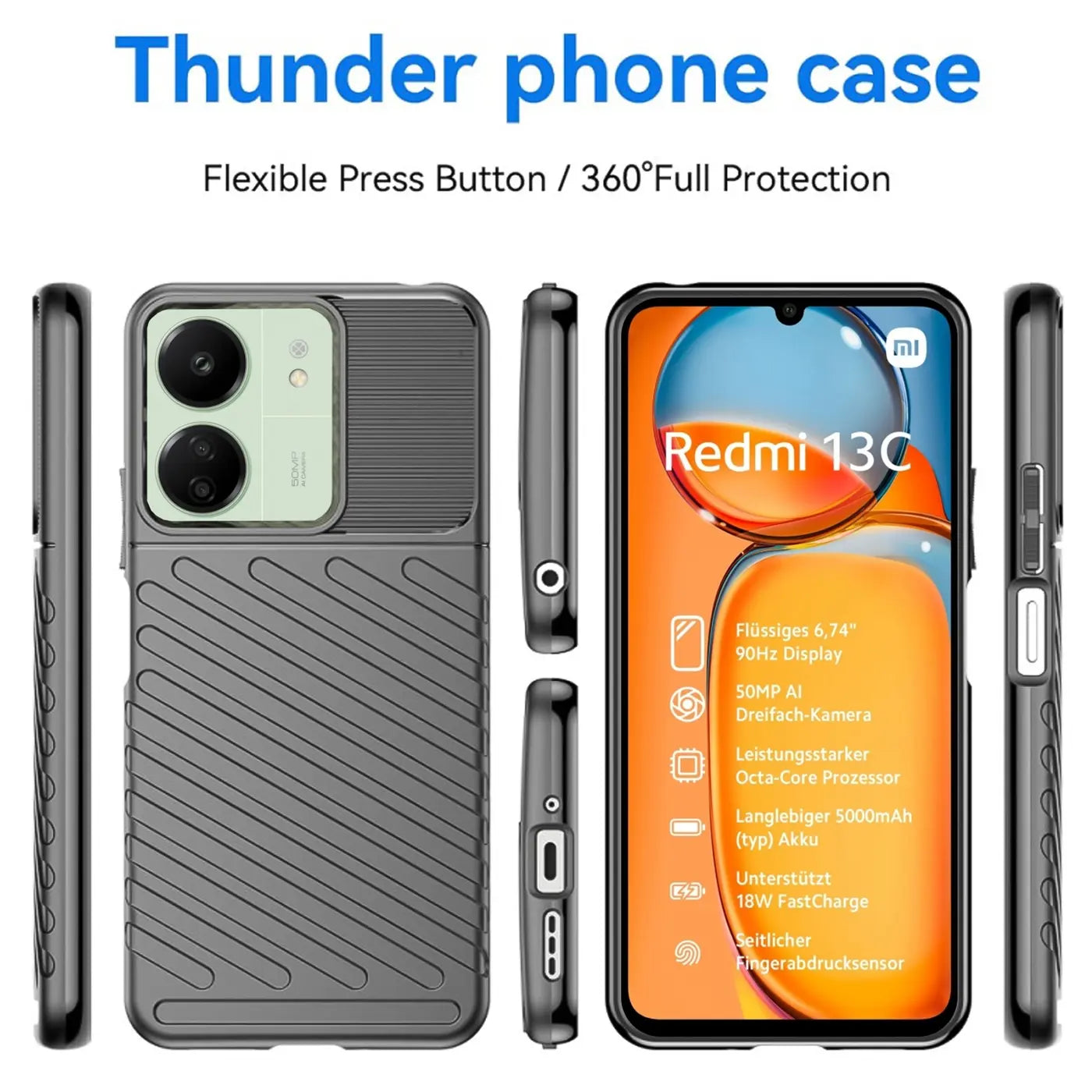 Graue Hülle aus Kunststoff für Xiaomi Redmi 13C, von vorne, hinten und den Seiten gezeigt.