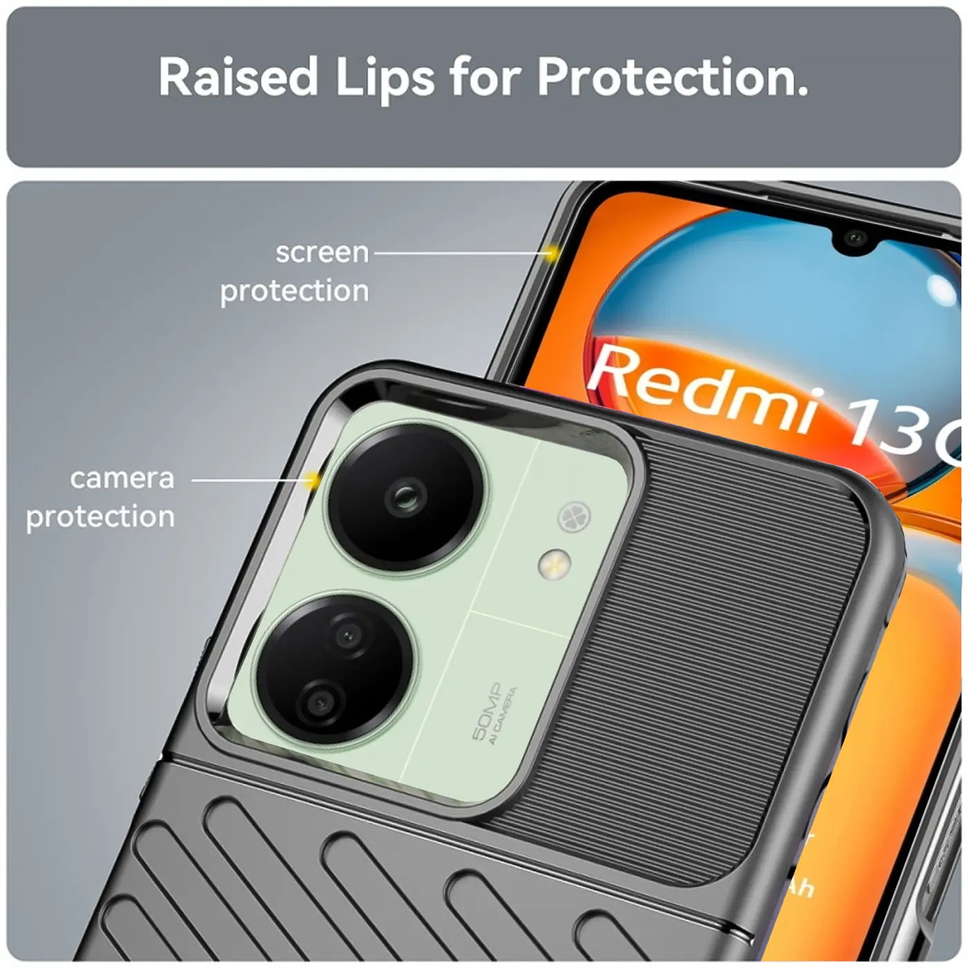 Graue Hülle aus Kunststoff, von schräg oben, zeigt Xiaomi Redmi 13C mit Kamera- und Displayschutz.