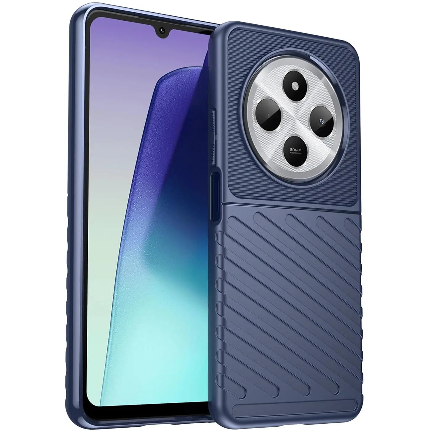 Blaue Handyhülle aus Kunststoff, schräg von vorne, zeigt Xiaomi Redmi 14C.