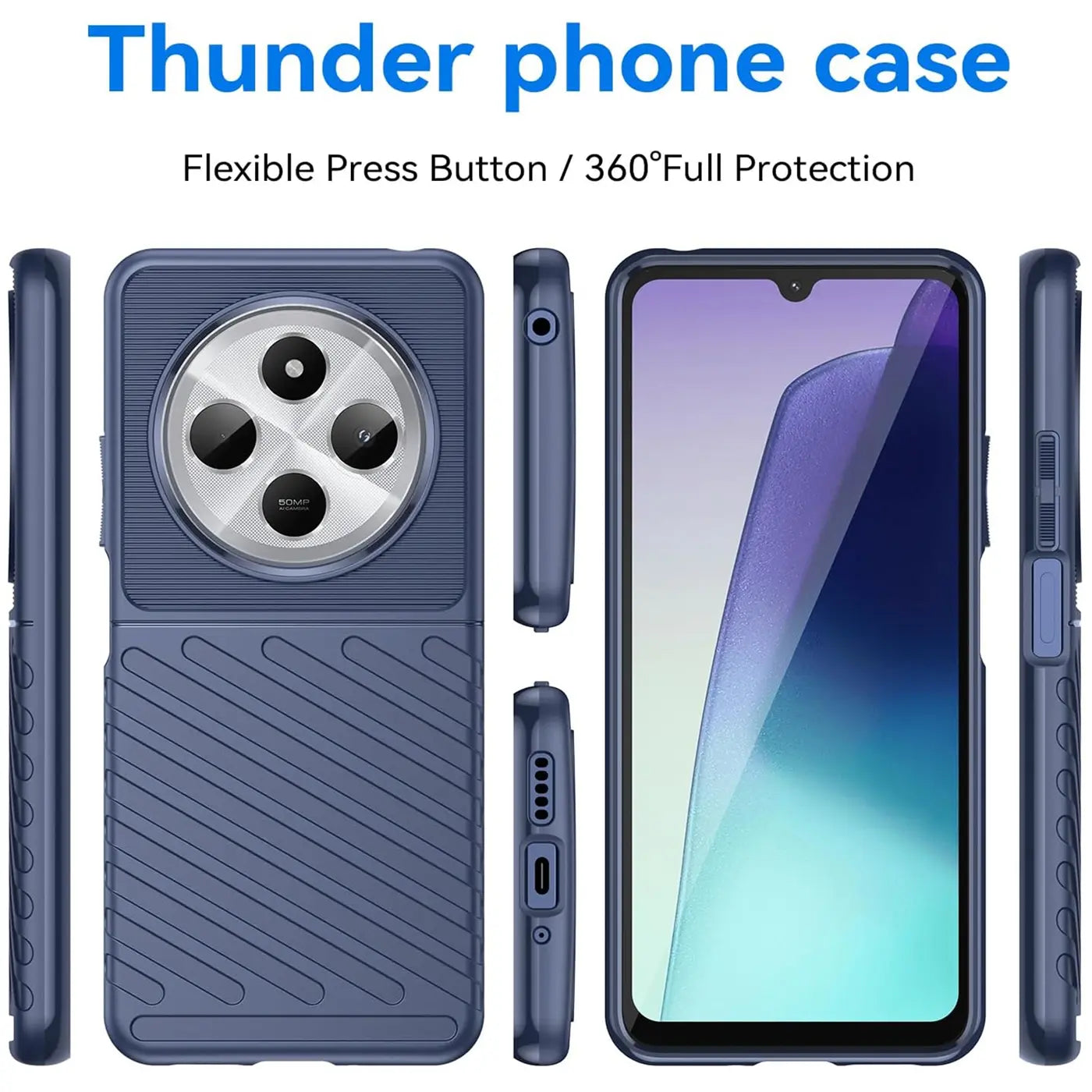 Dunkelblaue Handyhülle aus Kunststoff, Rückseite und Seitenansicht, mit erkennbarem Smartphone.