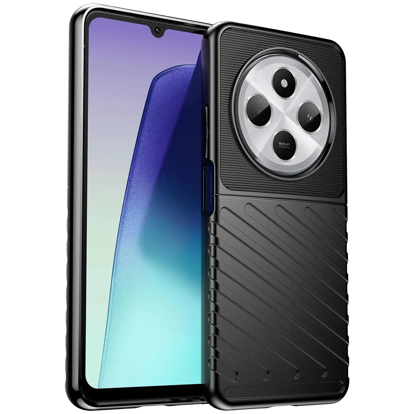Schwarze Hülle aus Kunststoff, von vorne links, mit erkennbarem Smartphone.