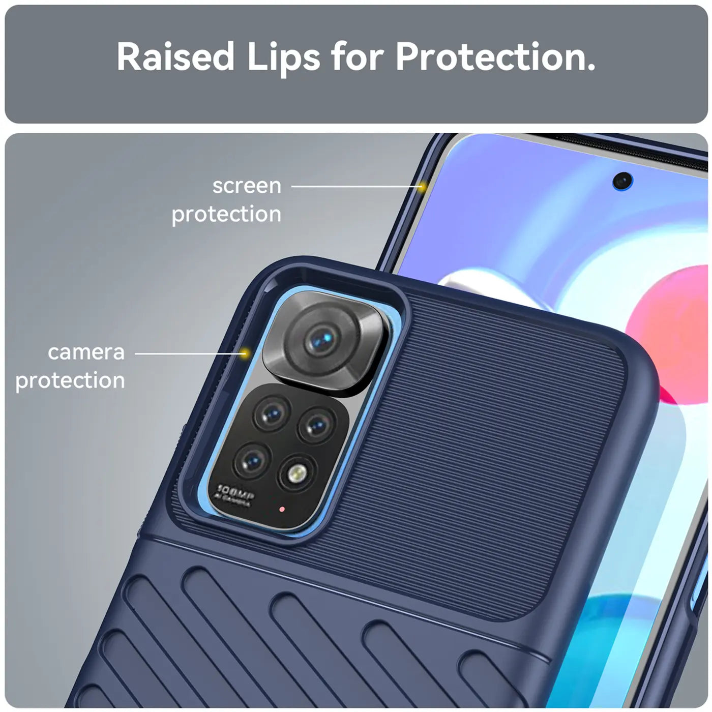 Dunkelblaue Handyhülle aus Kunststoff, Nahaufnahme, zeigt Kamera und Bildschirm des Xiaomi Redmi Note 11/11s.