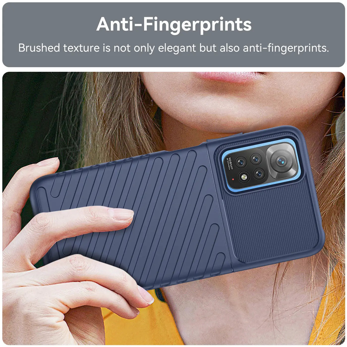 Dunkelblaue Handyhülle aus Kunststoff mit gerillter Textur, von vorne gehalten, zeigt Xiaomi Redmi Note 11 / 11s Kamera
