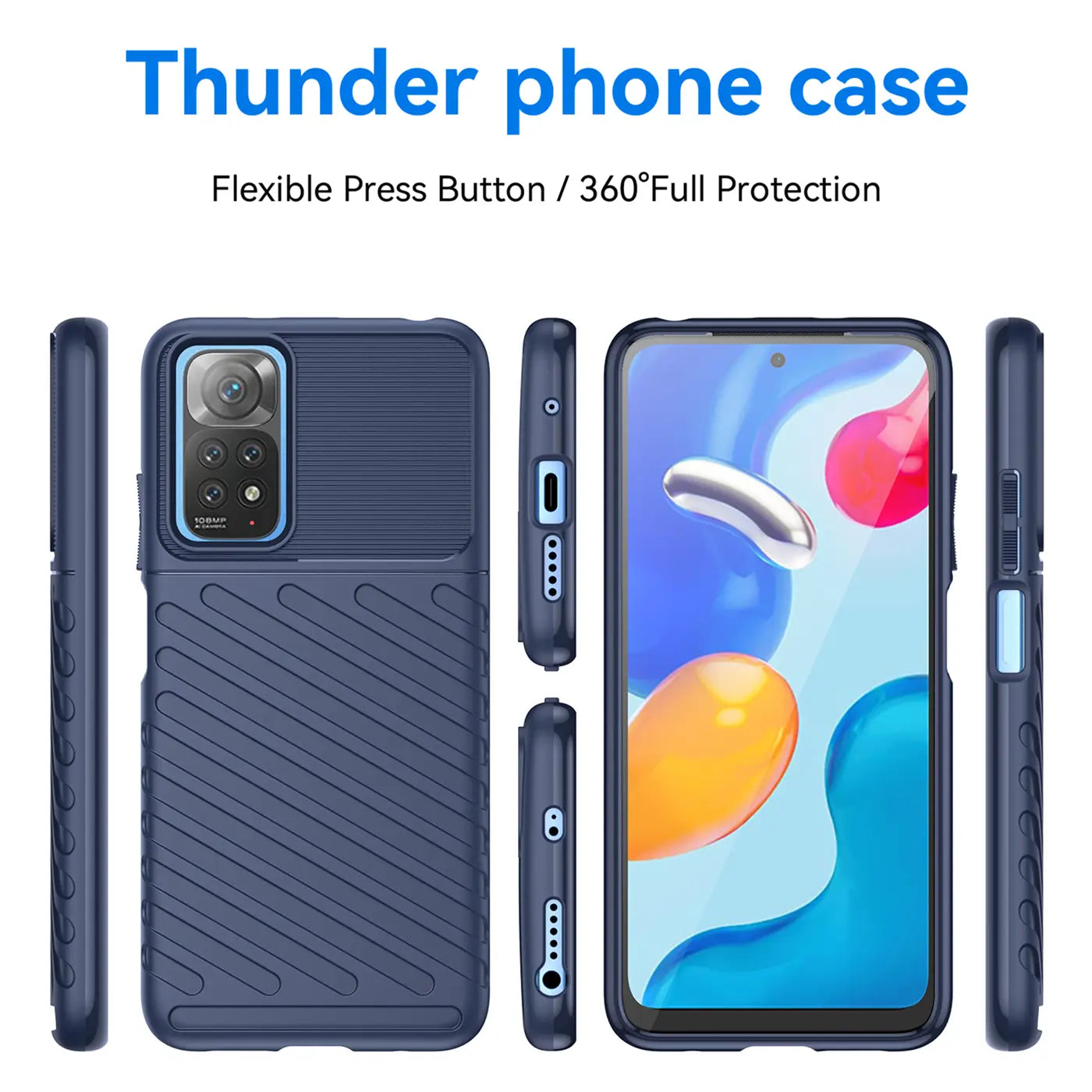 Dunkelblaue Handyhülle aus Gummi, Rückseite und Seitenansicht, mit Xiaomi Redmi Note 11/11s.