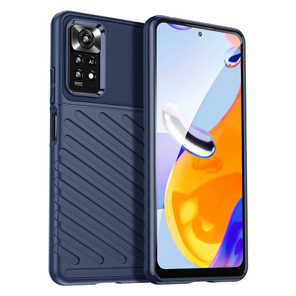 Dunkelblaue Handyhülle aus Kunststoff mit gerilltem Muster, zeigt Xiaomi Redmi Note 11 Pro.