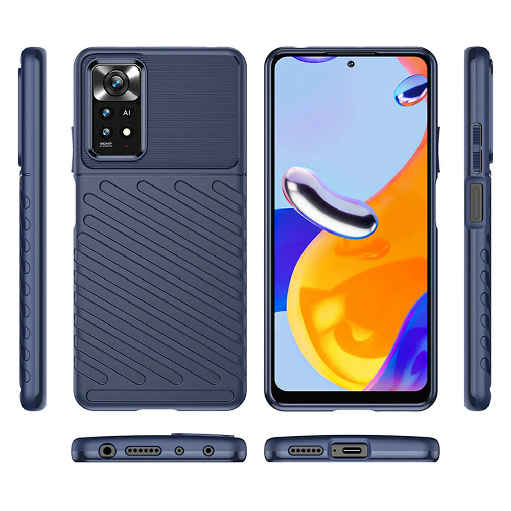 Dunkelblaue Hülle aus Kunststoff, von vorne, hinten und Seiten, mit Xiaomi Redmi Note 11 Pro.