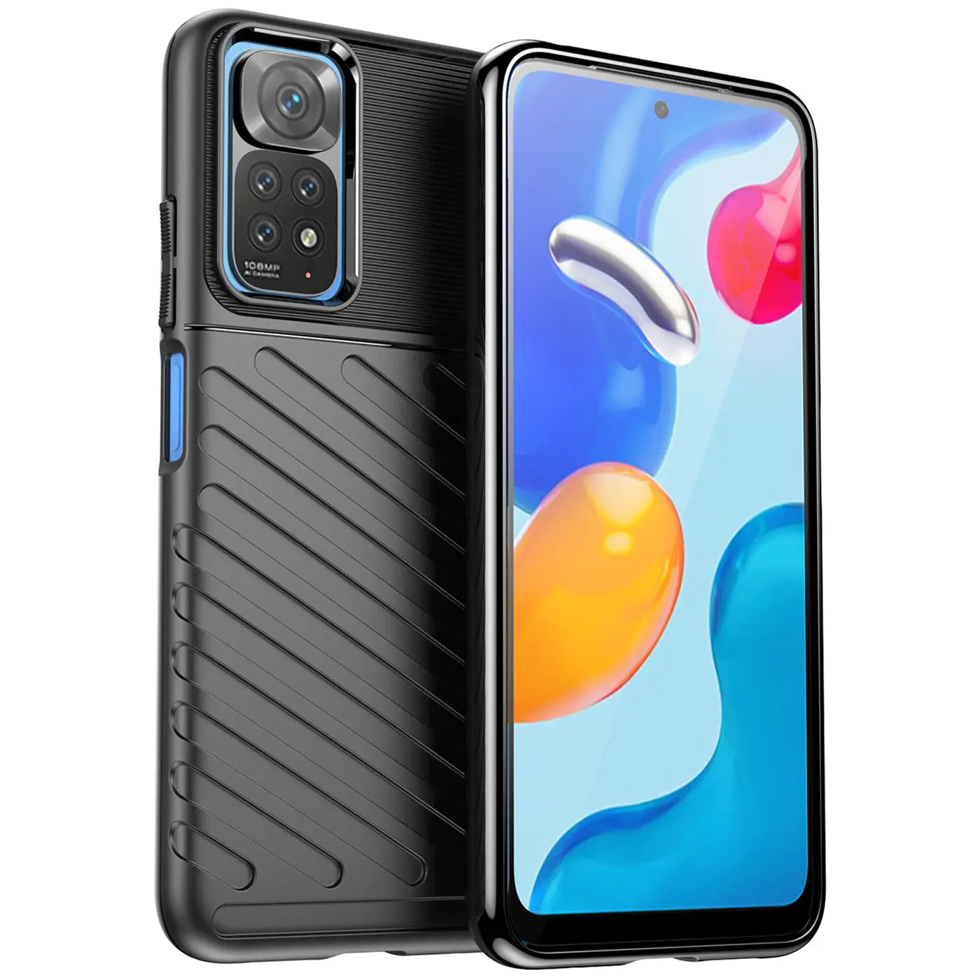 Schwarze Handyhülle aus Kunststoff mit Rillenmuster, seitliche Ansicht, Xiaomi Redmi Note 11 / 11s.
