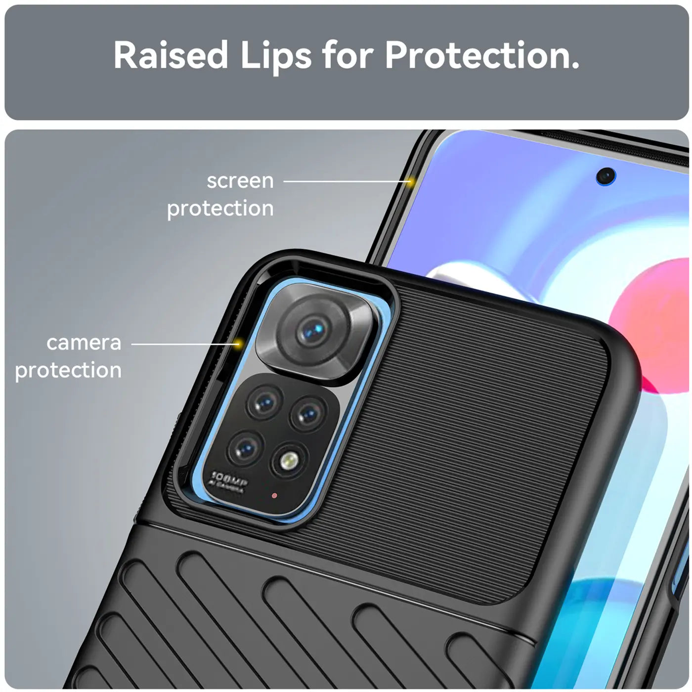 Schwarzes Handy-Case aus Kunststoff, Nahaufnahme, zeigt Kamera & Display-Schutz am Xiaomi Redmi Note 11 / 11s.