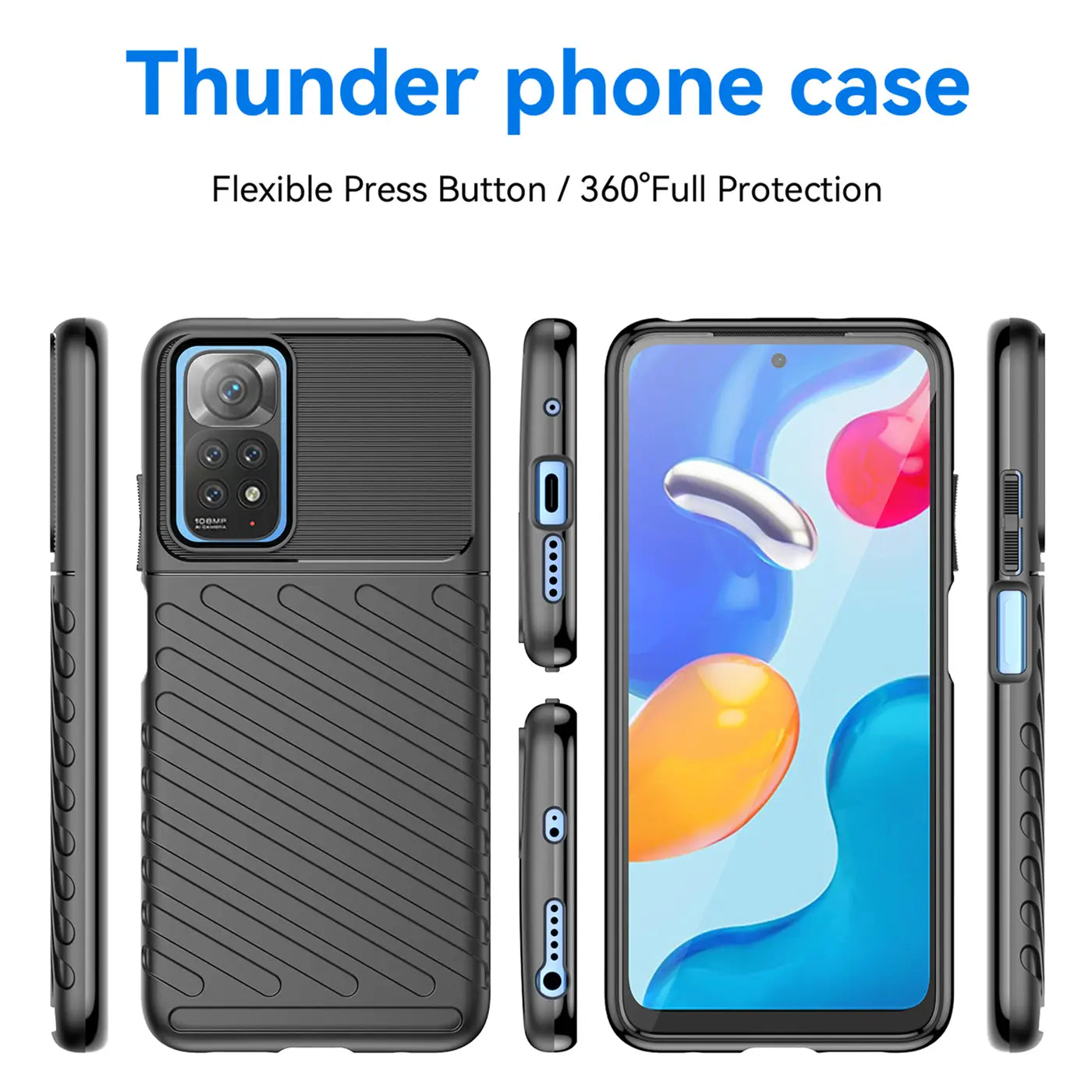 Schwarze, stoßfeste Handyhülle aus Kunststoff, Vorder- und Seitenansicht, mit Xiaomi Redmi Note 11/11s