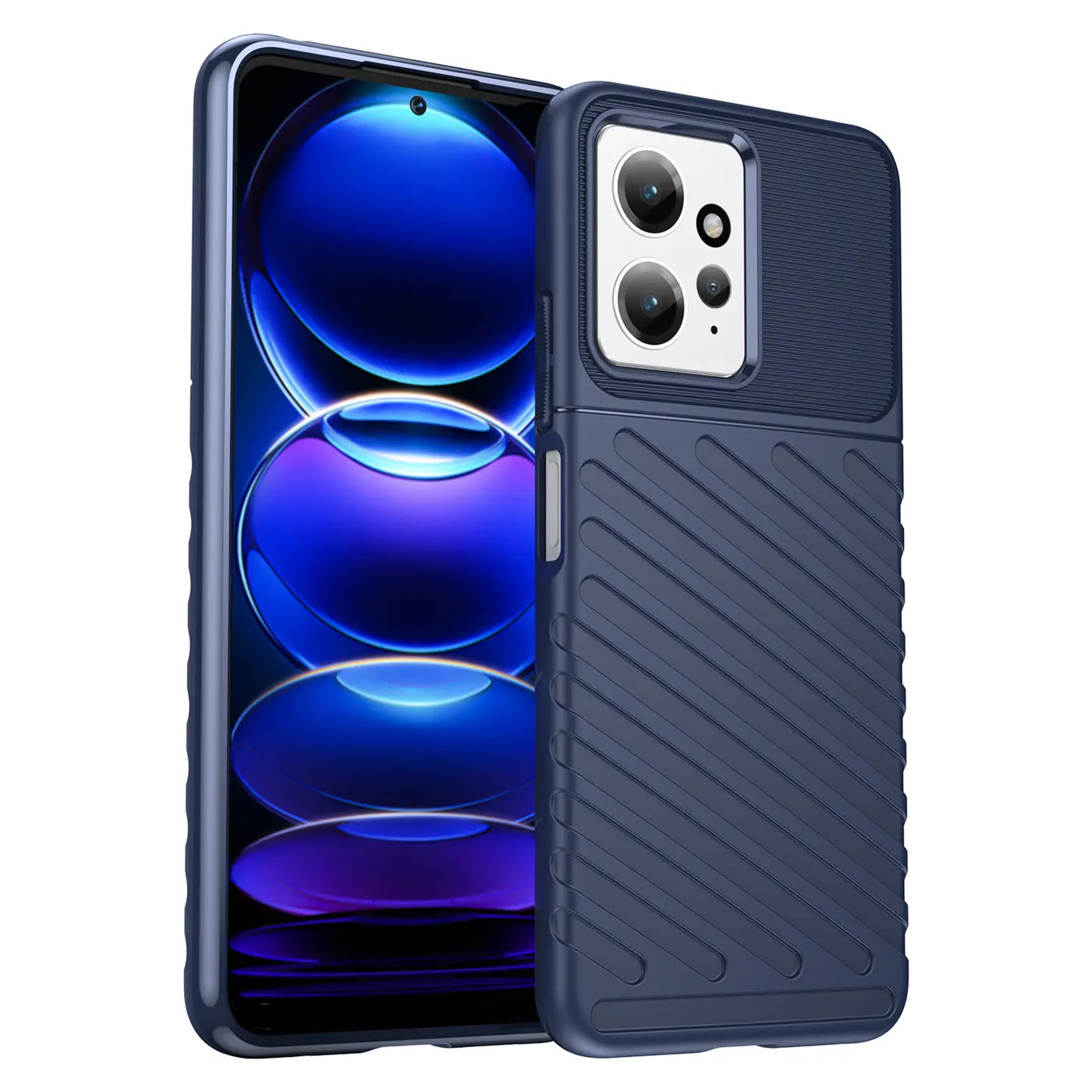 Dunkelblaue Handyhülle aus Kunststoff mit Rillenmuster, von vorne rechts, zeigt Xiaomi Redmi Note 12 4G.