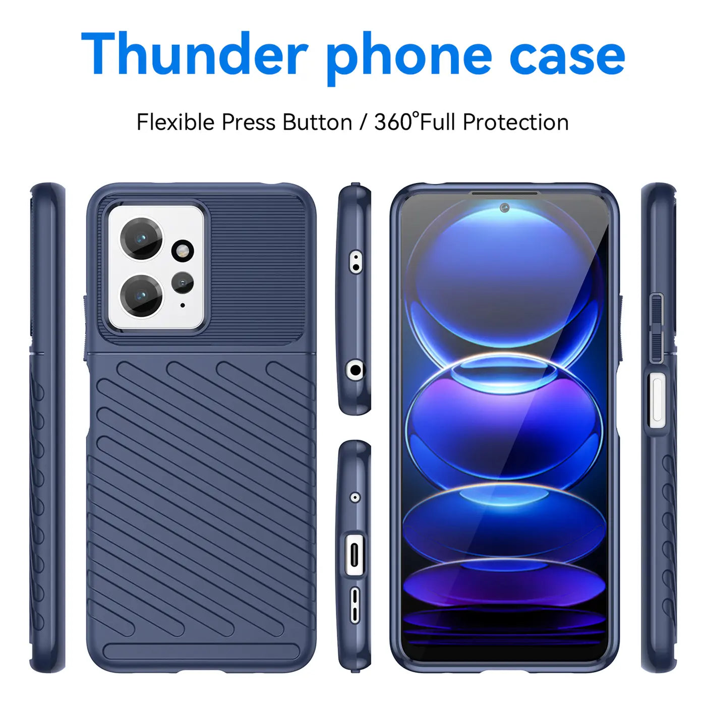 Dunkelblaue Handyhülle aus Gummi, Vorder- und Seitenansicht, mit Xiaomi Redmi Note 12 4G.