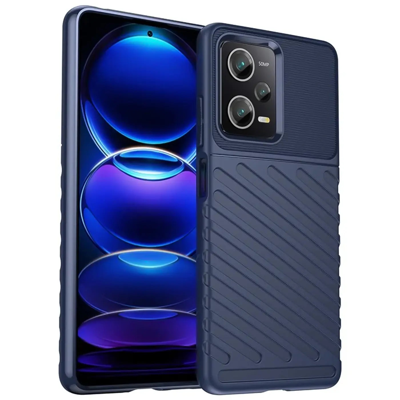 Dunkelblaue Handyhülle aus Kunststoff mit Rillenmuster, von vorne, zeigt Xiaomi Redmi Note 12 Pro 5G.