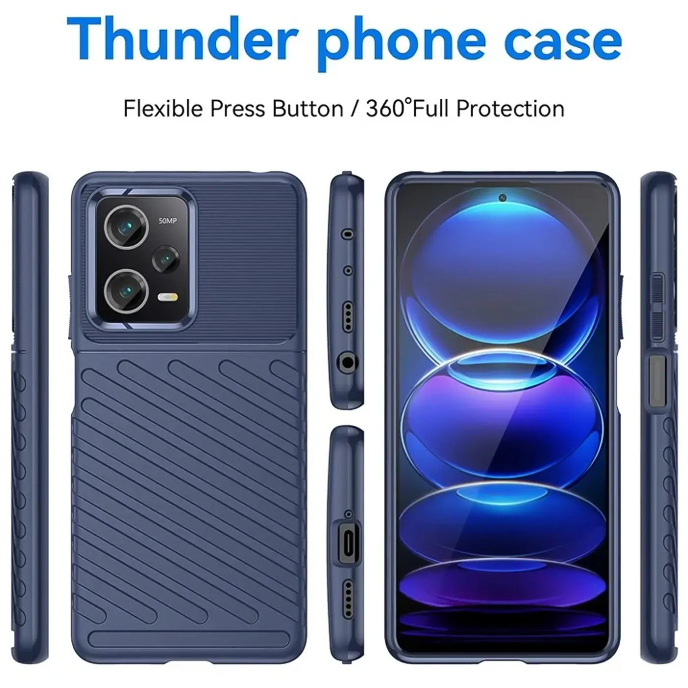 Dunkelblaue Handyhülle aus Kunststoff, verschiedene Ansichten, mit Xiaomi Redmi Note 12 Pro 5G