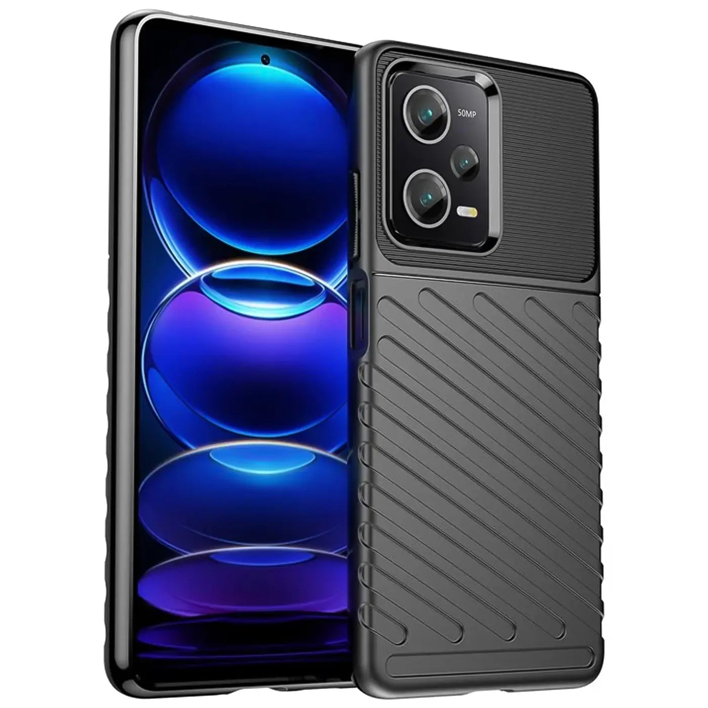 Graue Handyhülle aus Kunststoff, schräg von vorne, zeigt Xiaomi Redmi Note 12 Pro 5G