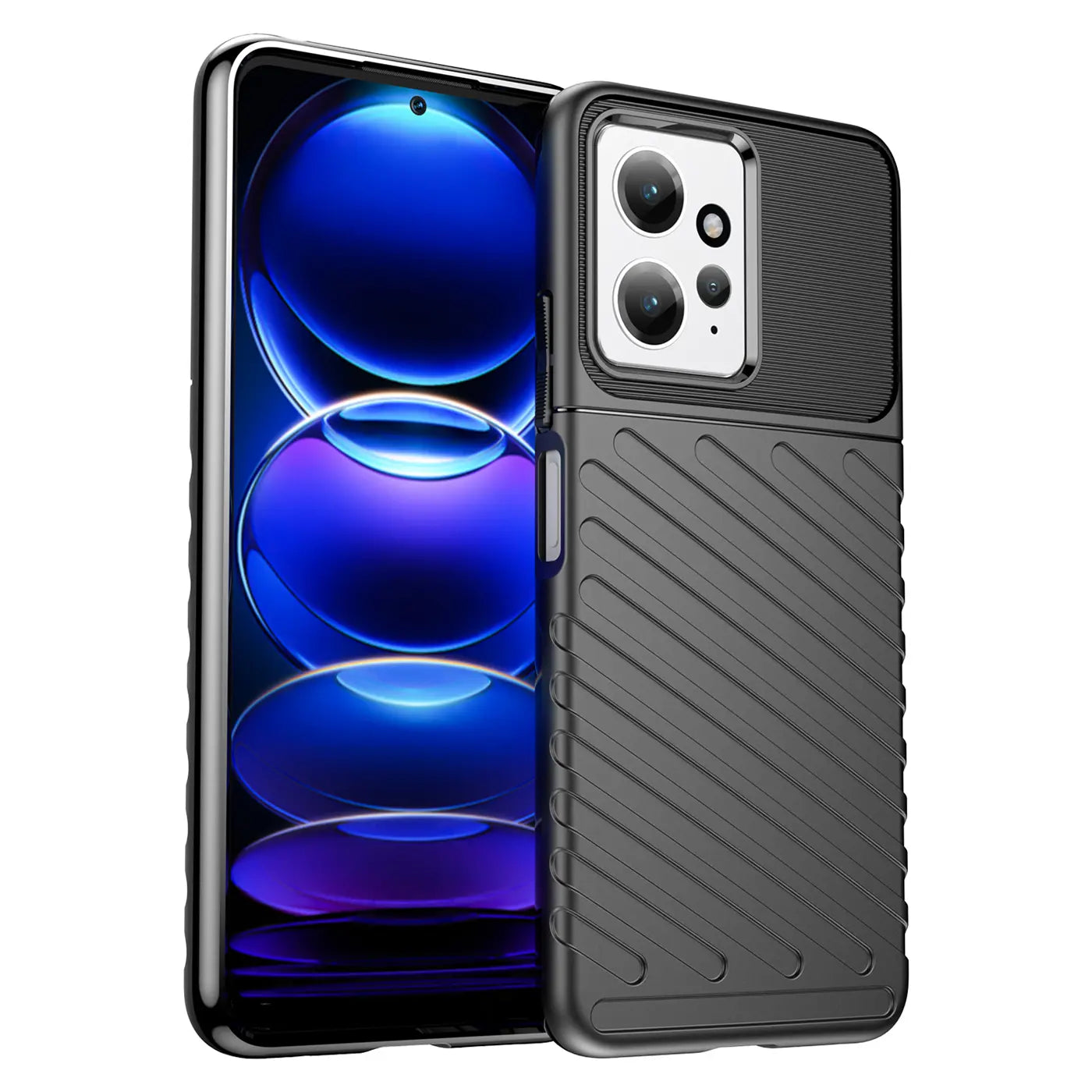 Schwarze Handyhülle aus Gummi mit gerillter Textur, seitliche Ansicht, zeigt Xiaomi Redmi Note 12 4G.