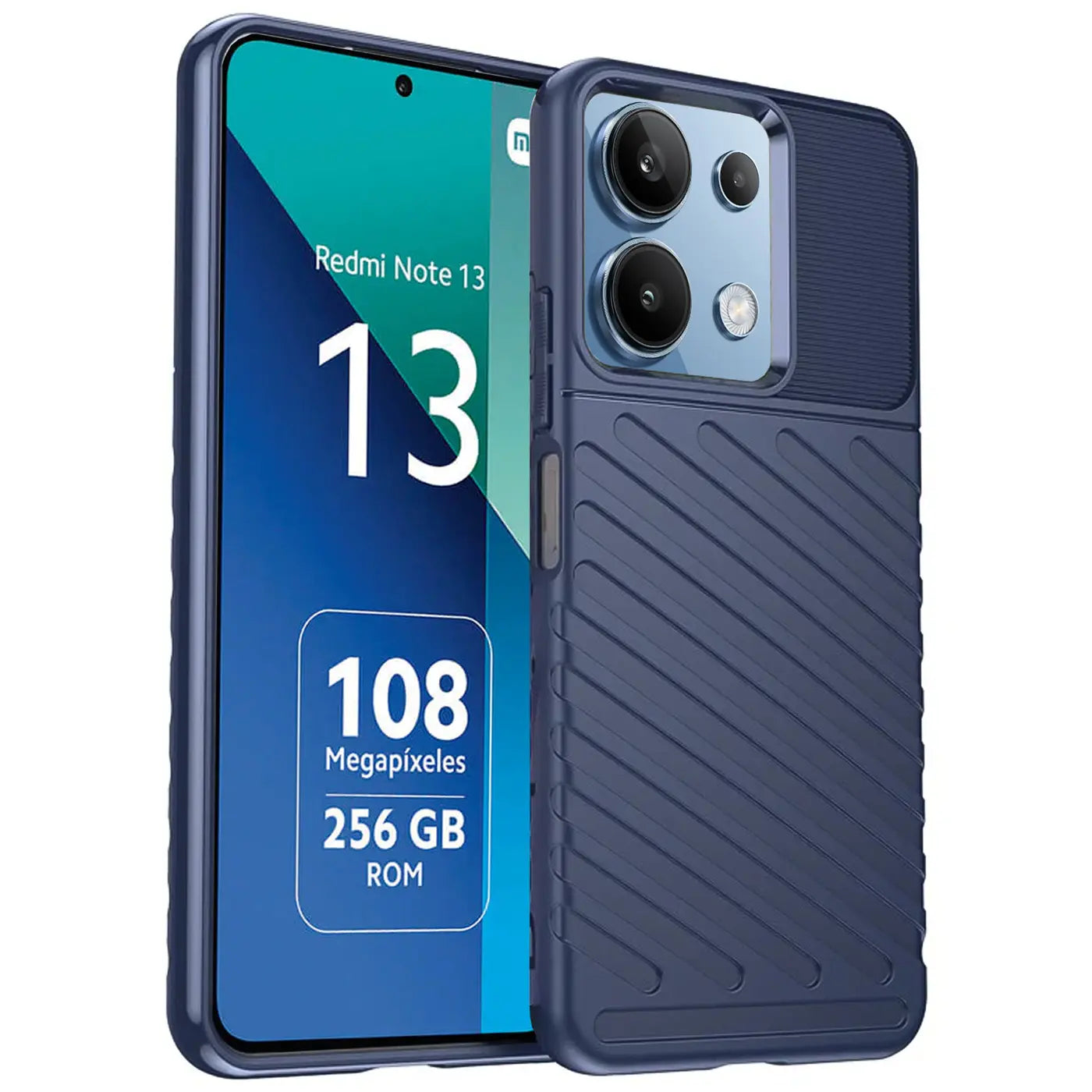 Dunkelblaue Handyhülle aus Kunststoff, schräg von vorne, mit Xiaomi Redmi Note 13 4G.