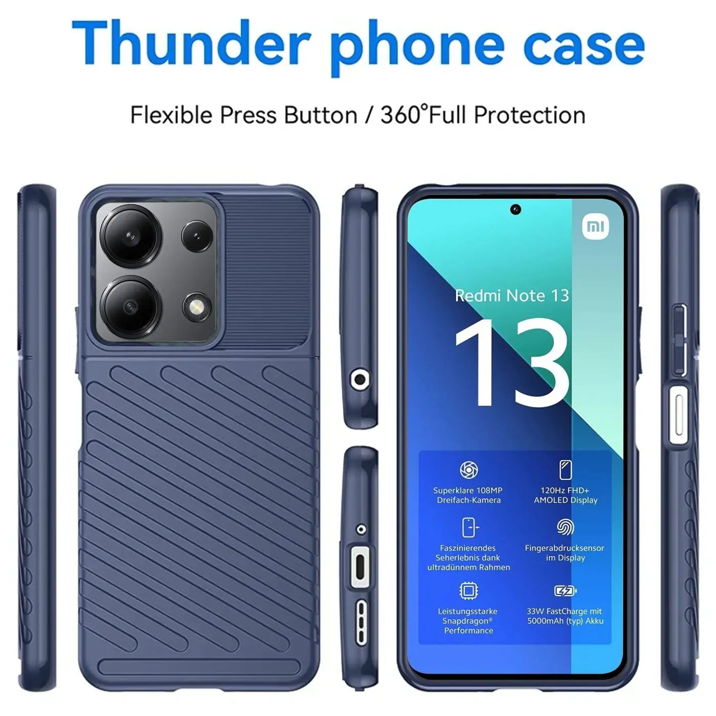 Dunkelblaue Handyhülle aus Kunststoff, verschiedene Ansichten, zeigt Xiaomi Redmi Note 13 4G.