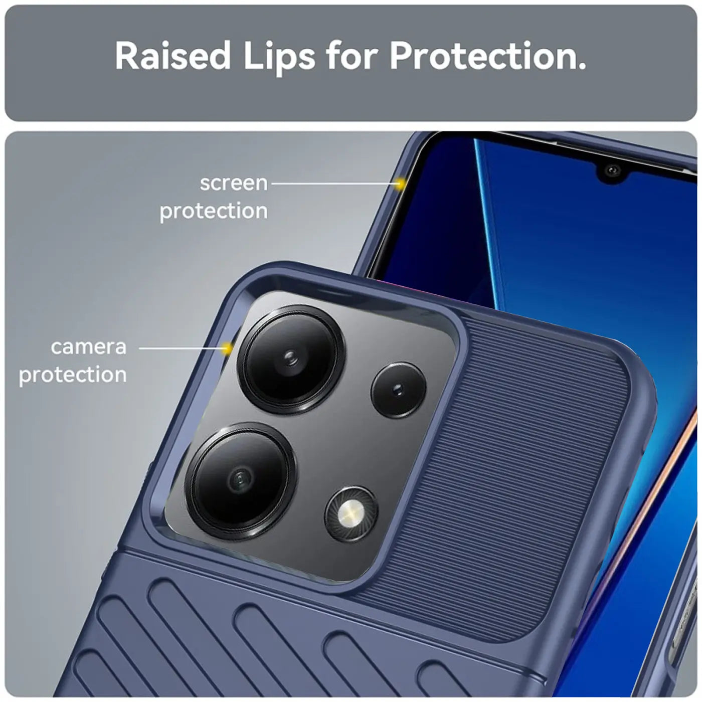 Dunkelblaue Handyhülle aus Kunststoff, Nahaufnahme der Kamera, zeigt Xiaomi Redmi Note 13 4G.
