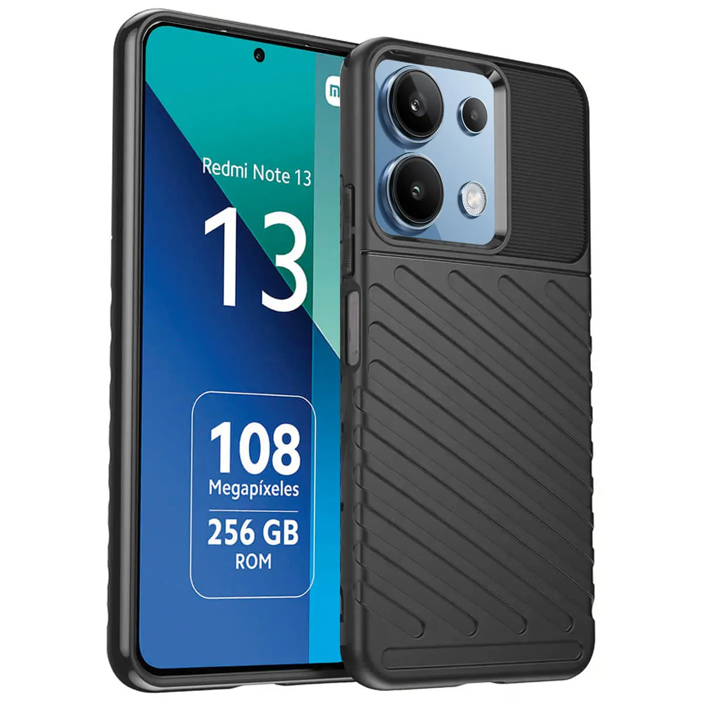 Schwarze Handyhülle aus Kunststoff mit Rillenmuster, zeigt Xiaomi Redmi Note 13 4G.