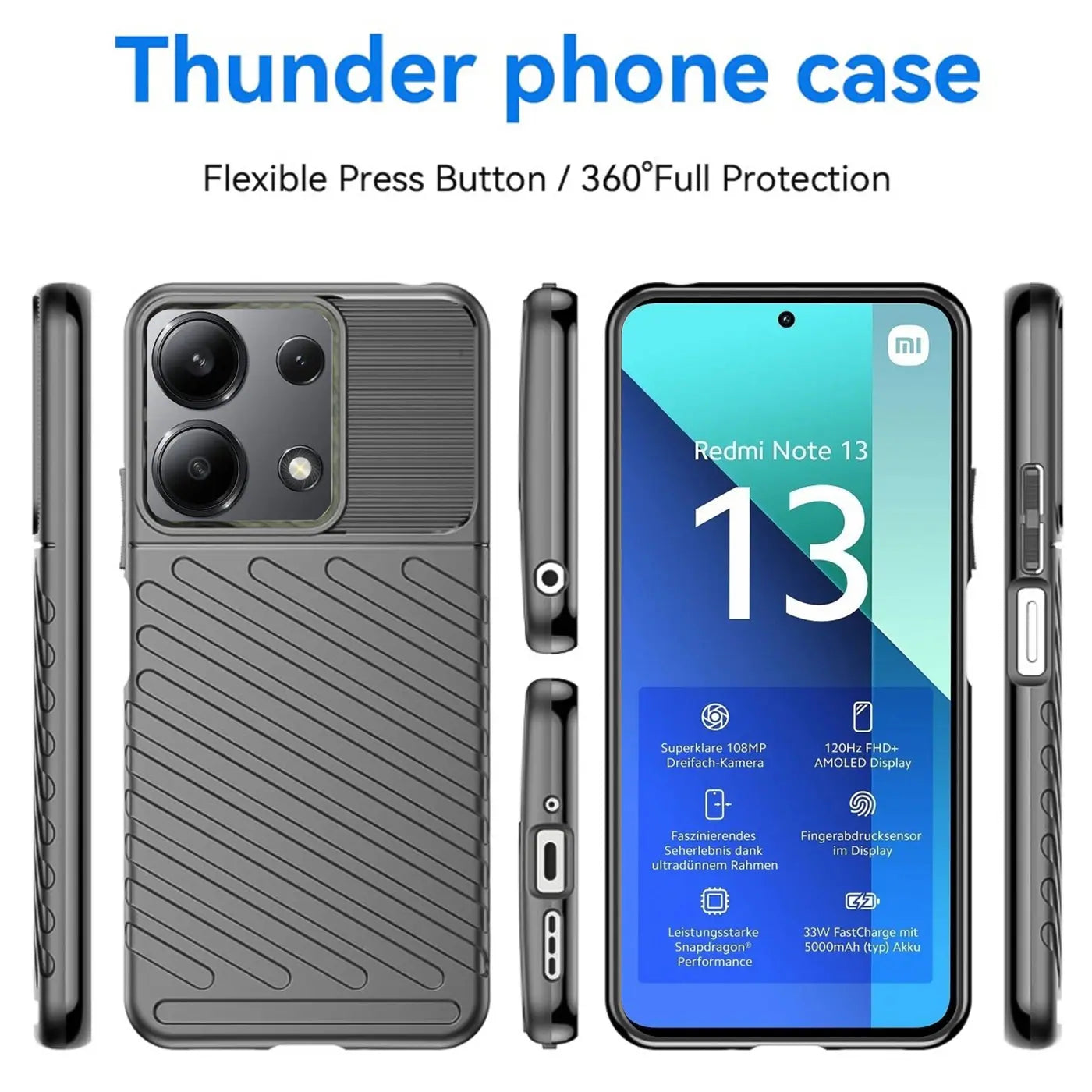 Graue Hülle aus Kunststoff, Vorder- und Seitenansicht, mit Xiaomi Redmi Note 13 4G.