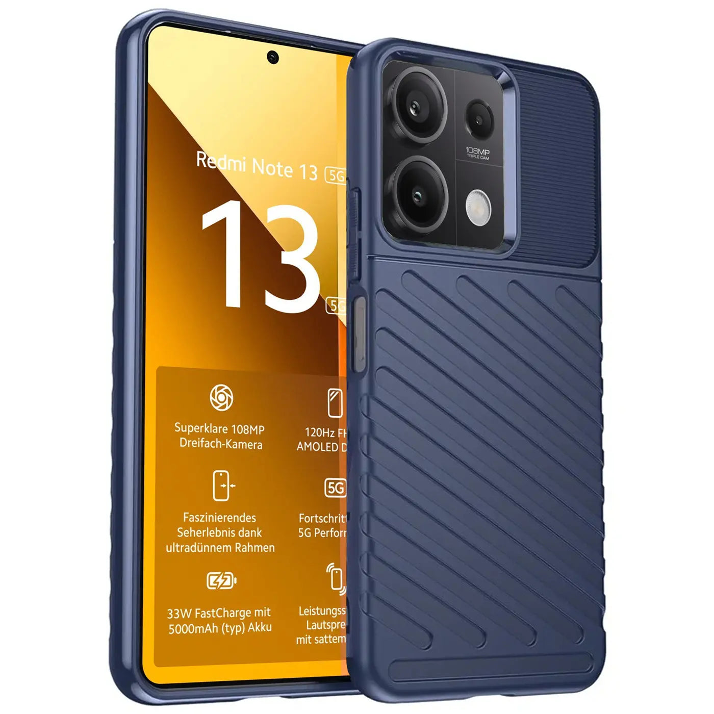 Dunkelblaue Handyhülle aus Kunststoff, seitliche Ansicht, zeigt Xiaomi Redmi Note 13 5G.