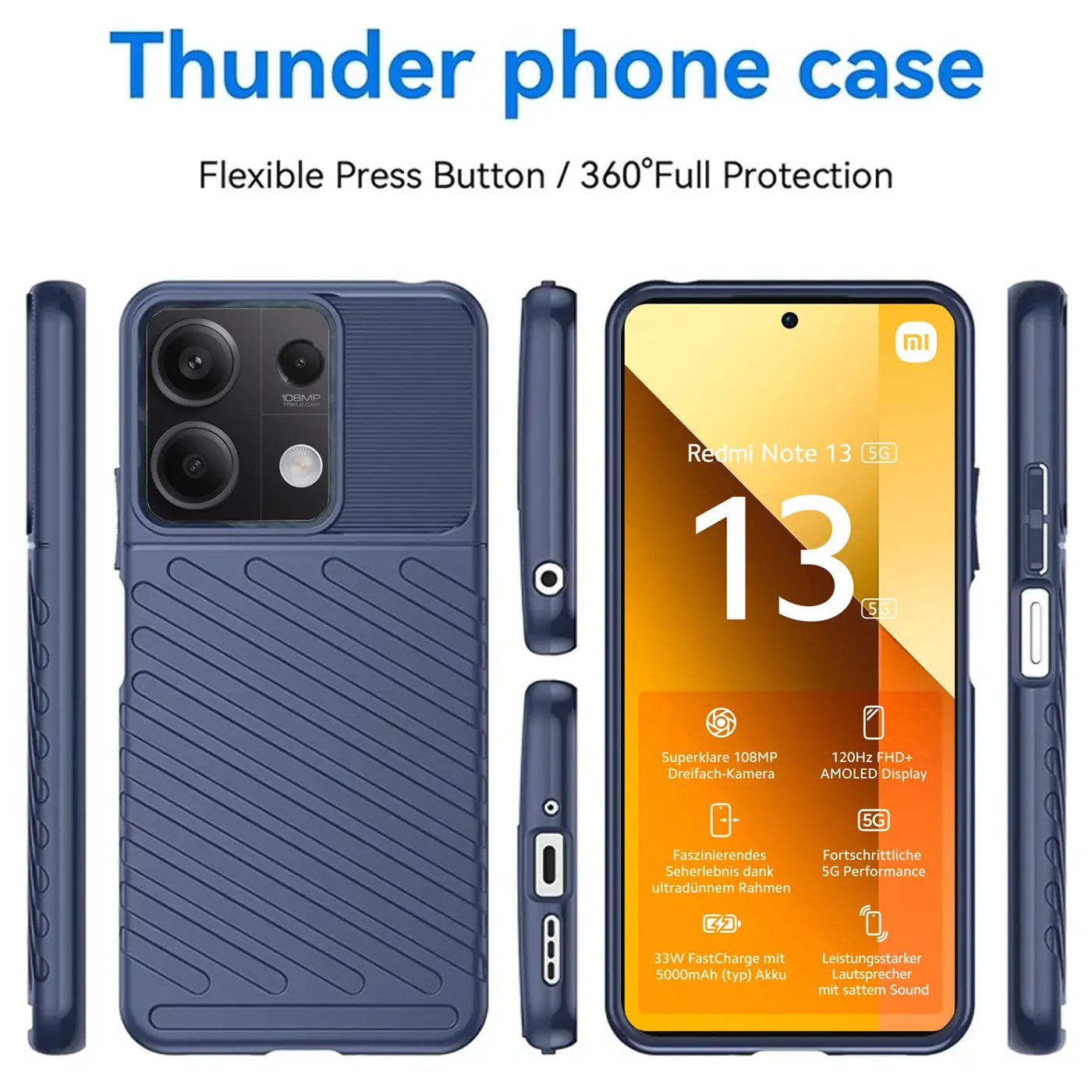 Dunkelblaue Handyhülle aus Kunststoff, Rückseite und Seitenansichten, zeigt Xiaomi Redmi Note 13 5G.