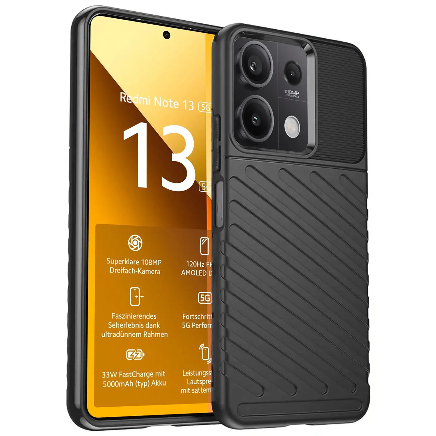 Schwarze Handyhülle aus Kunststoff, von vorne/leicht schräg, zeigt Xiaomi Redmi Note 13 5G.