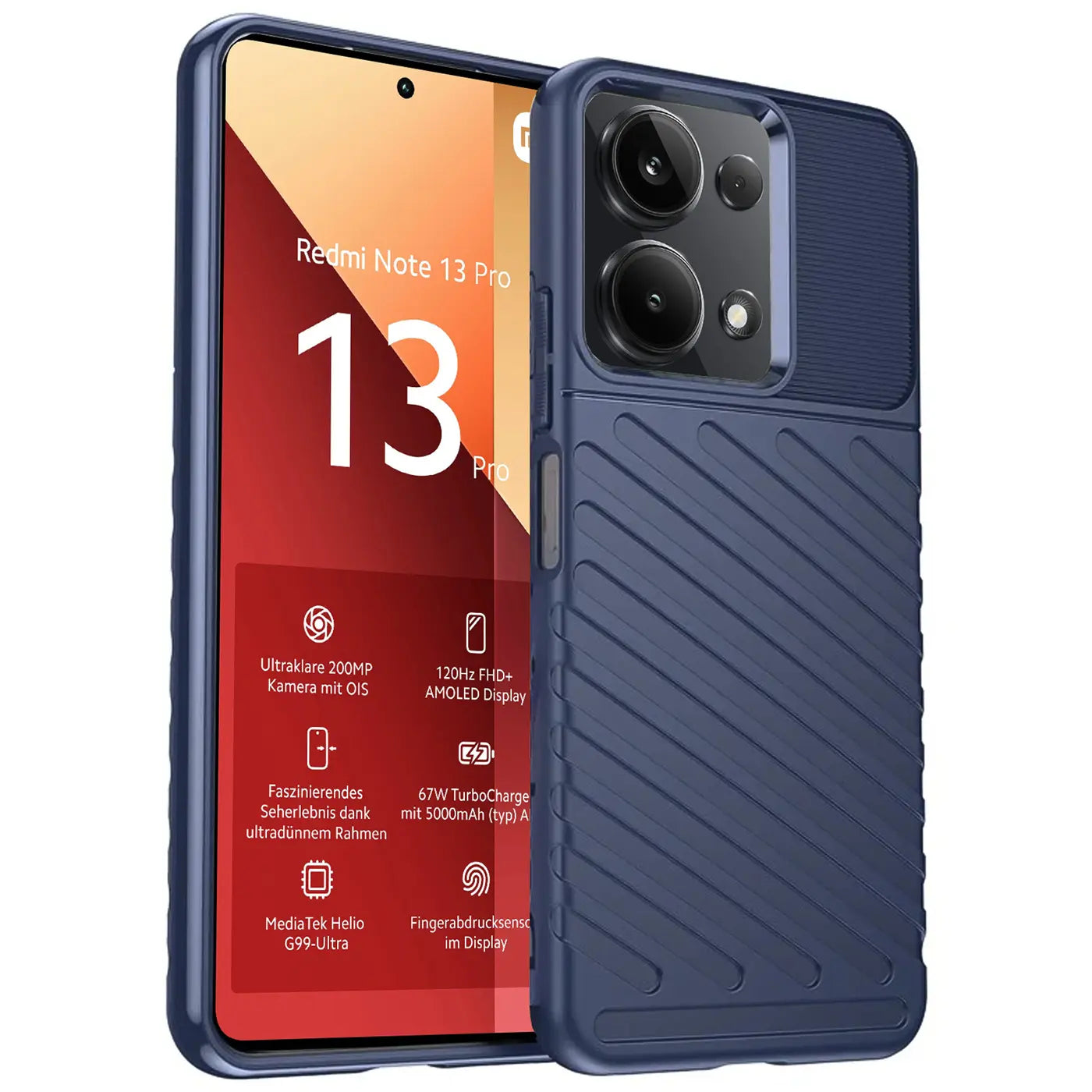 Dunkelblaue Handyhülle aus Kunststoff, schräg von vorne, zeigt Xiaomi Redmi Note 13 Pro 4G.