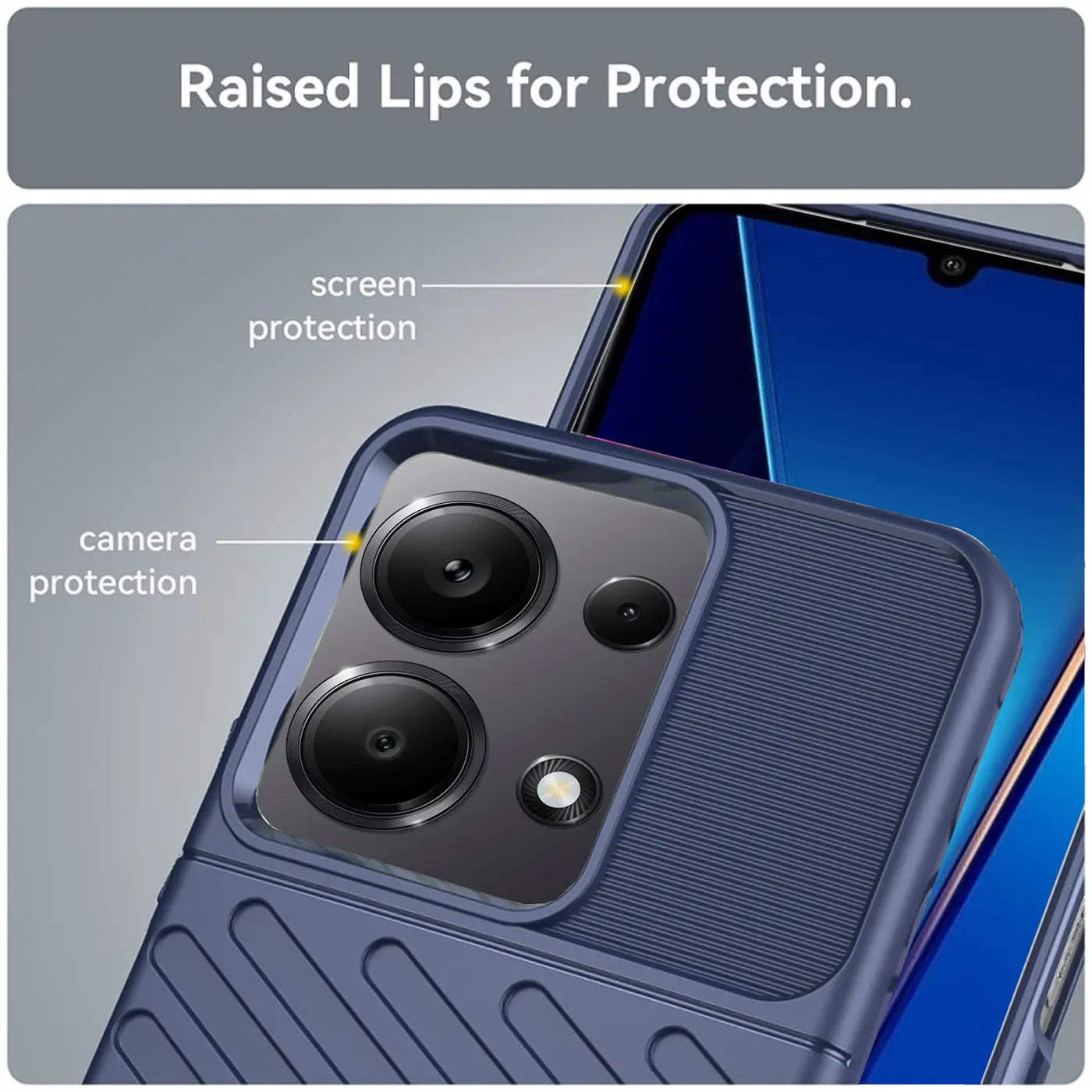 Dunkelblaue Handyhülle aus Kunststoff, Nahaufnahme der Kamera, zeigt Xiaomi Redmi Note 13 Pro 4G.