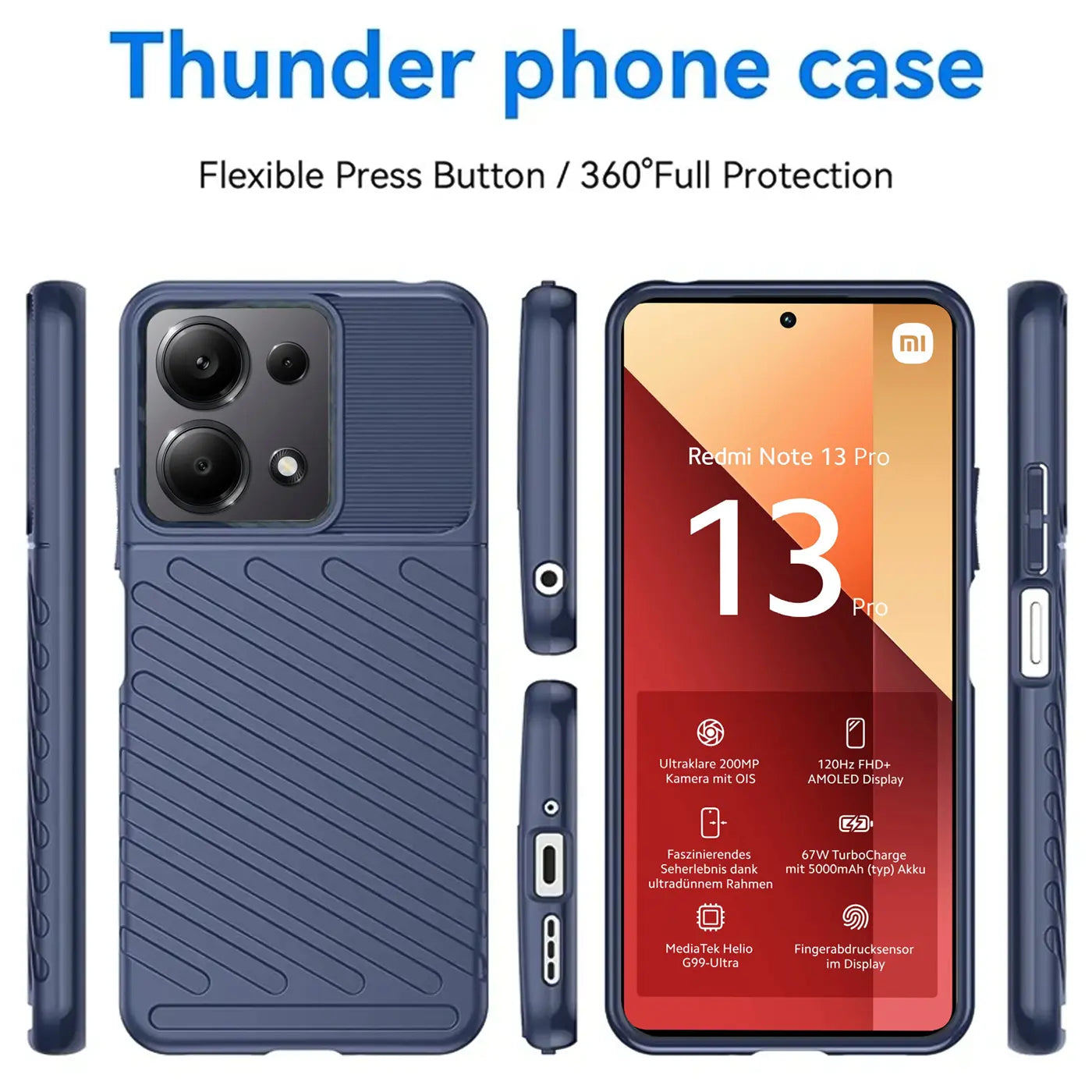 Dunkelblaue Handyhülle aus Gummi, verschiedene Ansichten, zeigt Xiaomi Redmi Note 13 Pro 4G.