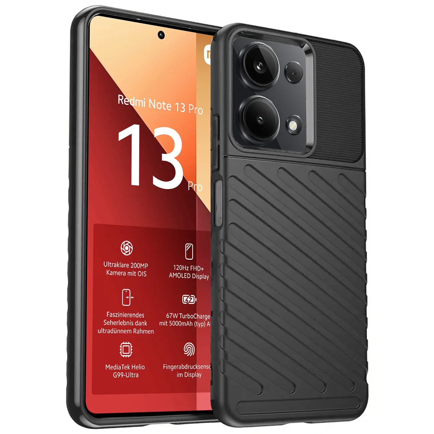 Schwarze, stoßfeste Hülle aus Kunststoff für Xiaomi Redmi Note 13 Pro 4G, von vorne links gezeigt.
