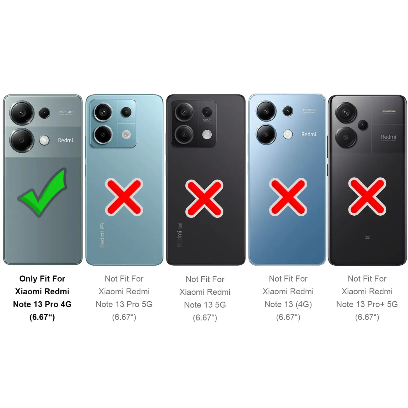 Fünf Smartphones, eines mit grünem Haken, vier mit rotem Kreuz. Grau, Hellblau, Schwarz, Hellblau, Schwarz.