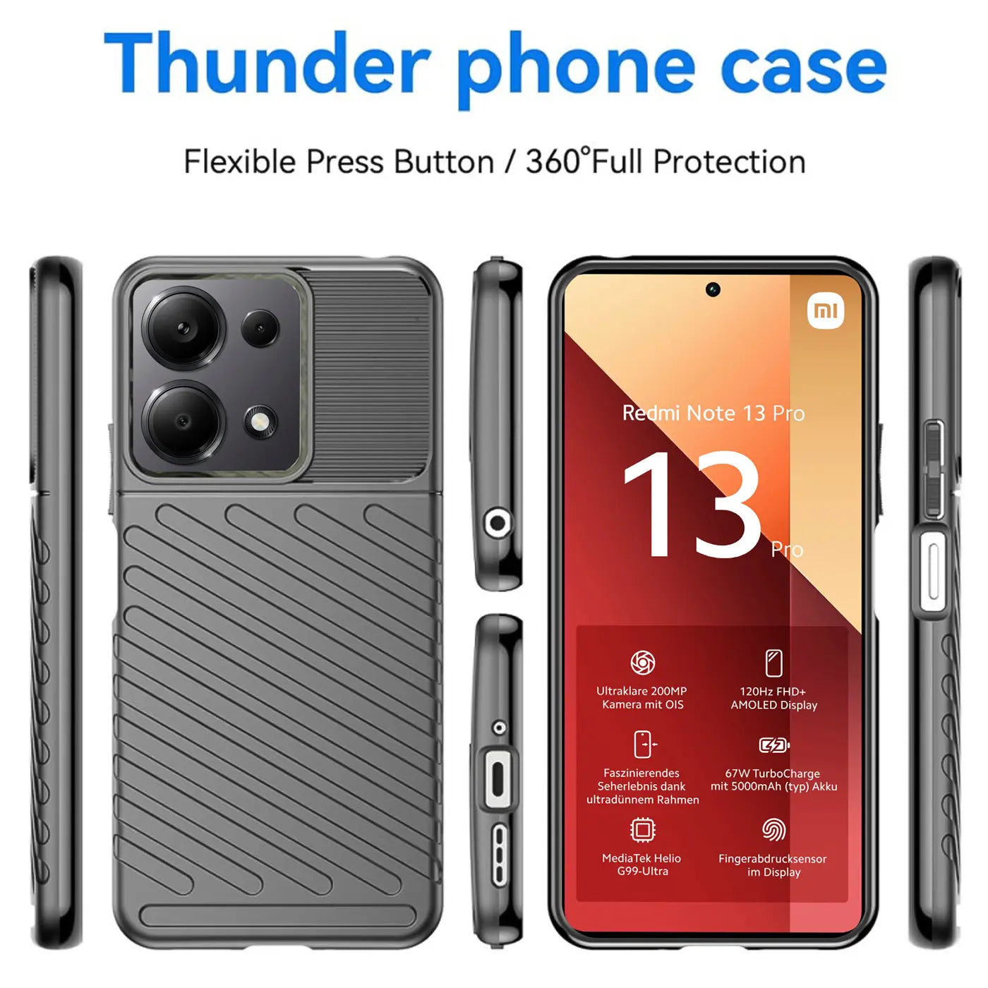 Graue Handyhülle aus Kunststoff, verschiedene Ansichten, zeigt Xiaomi Redmi Note 13 Pro 4G.