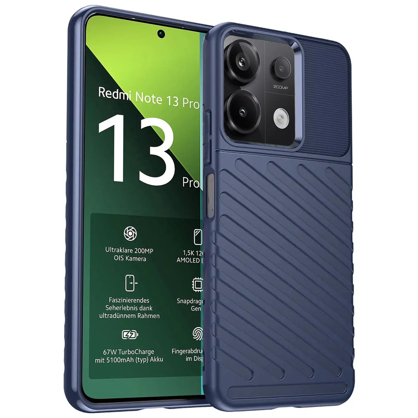Dunkelblaue Handyhülle aus Kunststoff, schräg von vorne, zeigt Xiaomi Redmi Note 13 Pro 5G.