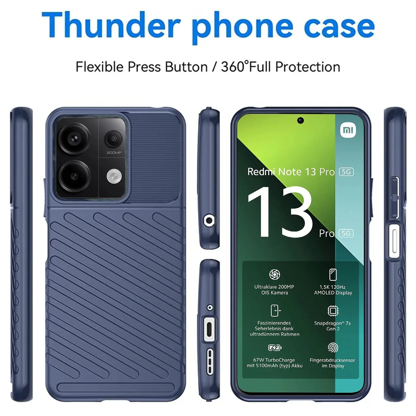 Dunkelblaue Handyhülle aus Kunststoff, verschiedene Ansichten, zeigt Xiaomi Redmi Note 13 Pro 5G.