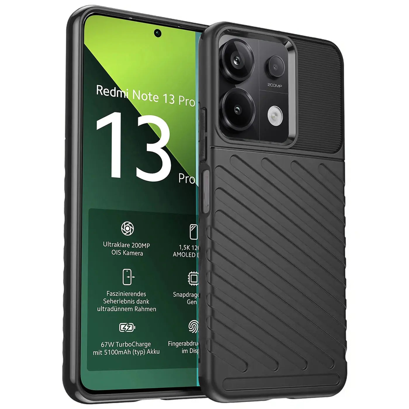 Schwarze Handyhülle aus Gummi für Xiaomi Redmi Note 13 Pro 5G, von vorne leicht schräg