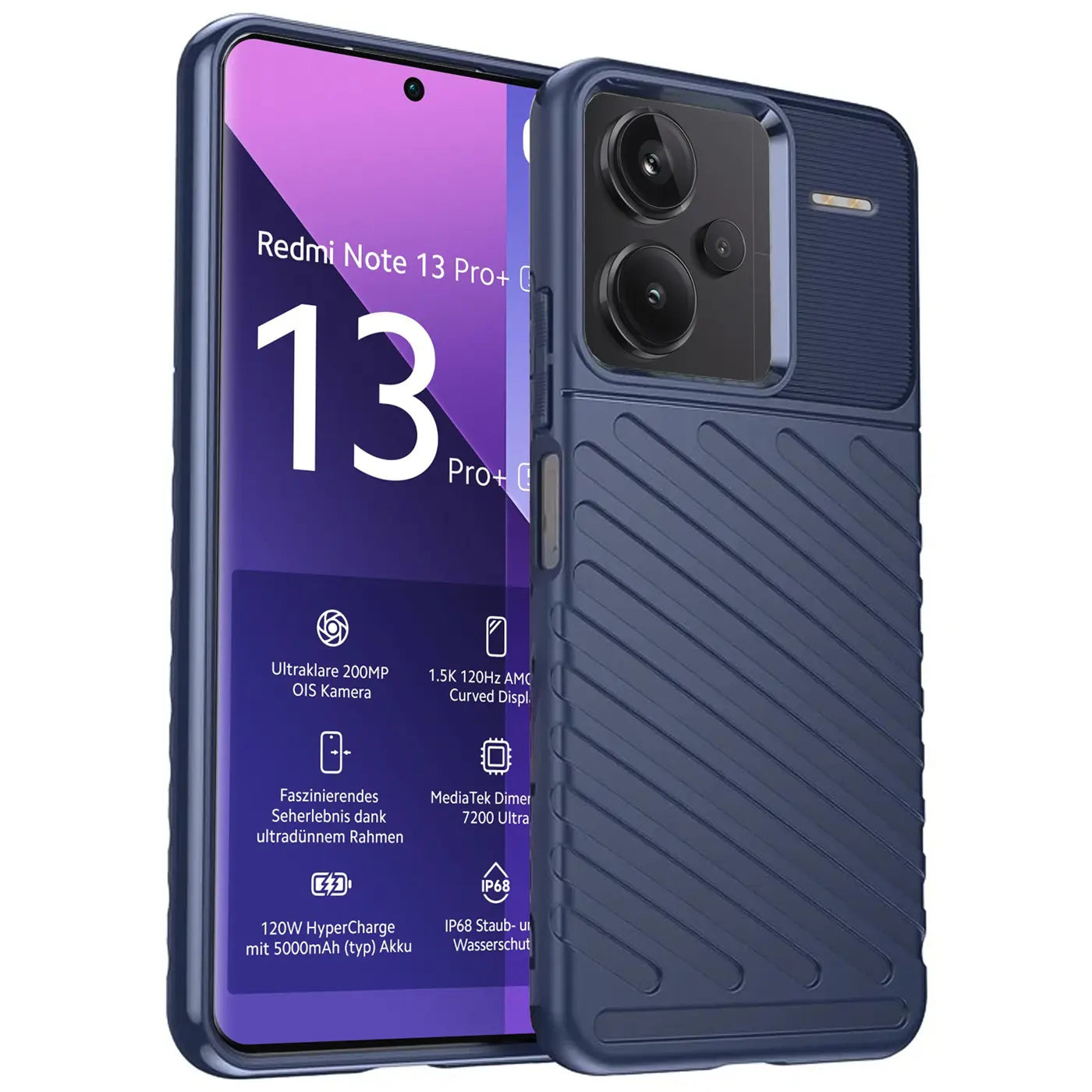 Dunkelblaue Handyhülle aus Kunststoff, seitliche Ansicht, zeigt Xiaomi Redmi Note 13 Pro+ 5G.