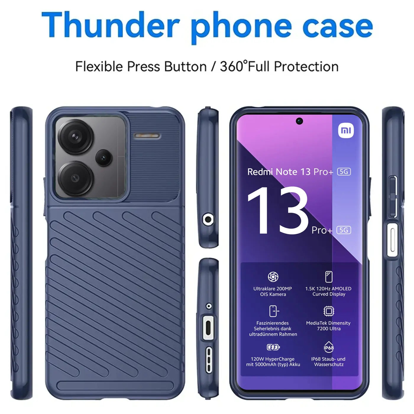 Dunkelblaue Handyhülle aus Kunststoff, von vorne, Seite, Rückseite und Vorderseite des Redmi Note 13 Pro+ 5G.