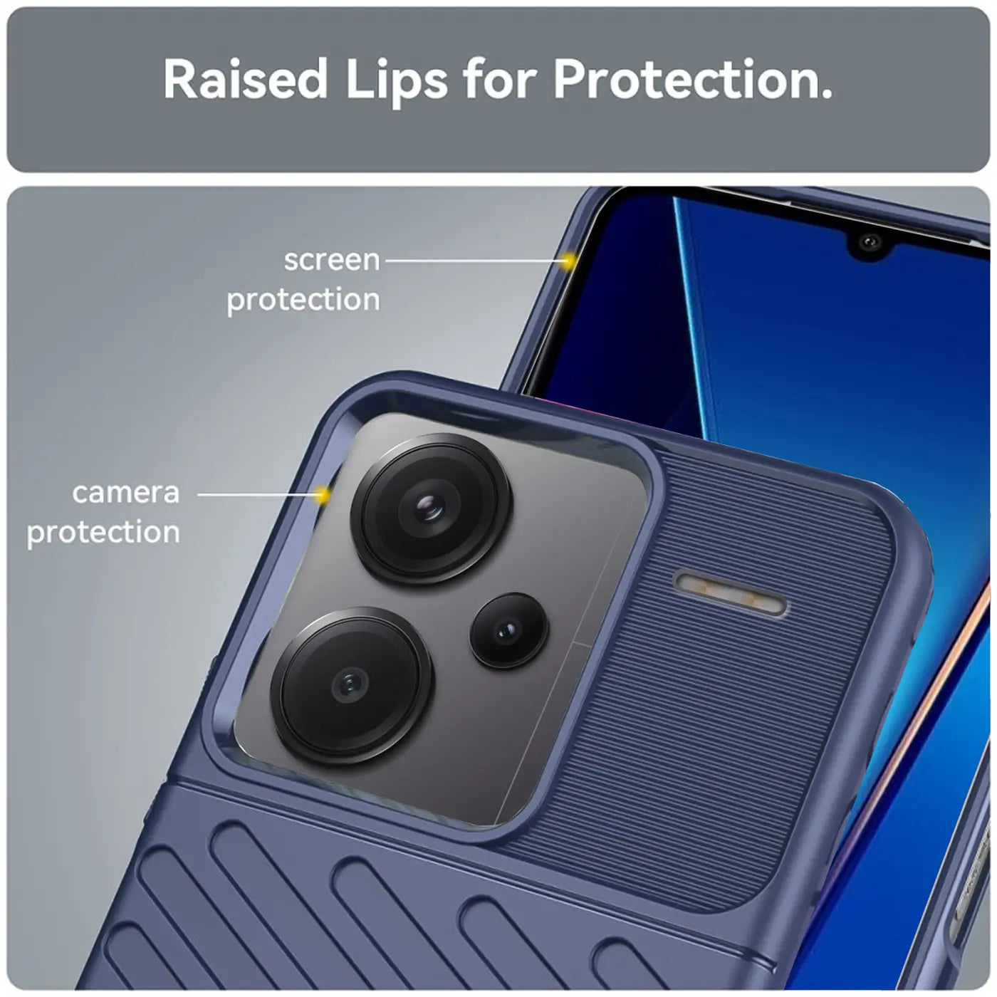 Dunkelblaue Handyhülle aus Kunststoff, Nahaufnahme, zeigt Kamera- und Bildschirmschutz am Xiaomi Redmi Note 13 Pro+ 5G.