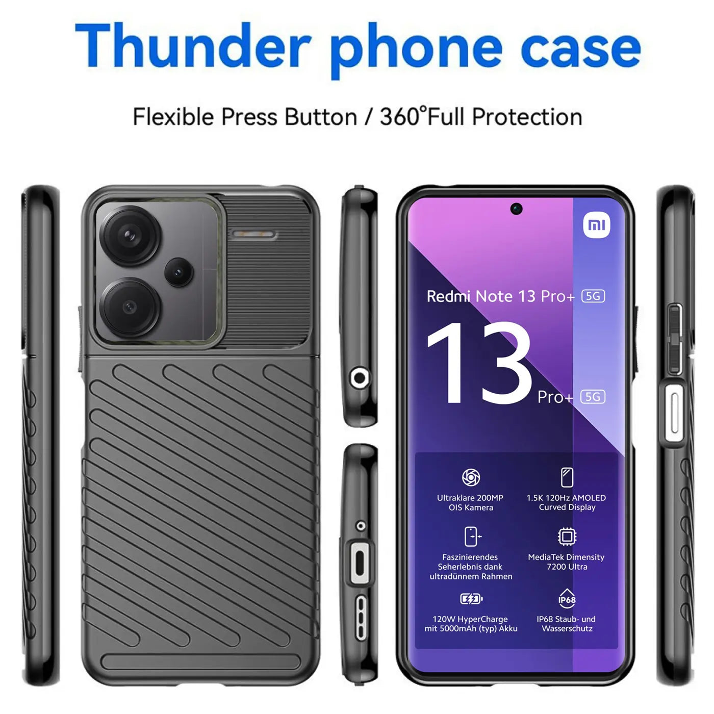 Dunkelgraue Handyhülle aus Kunststoff, Vorder- und Rückansicht, mit Xiaomi Redmi Note 13 Pro+ 5G.