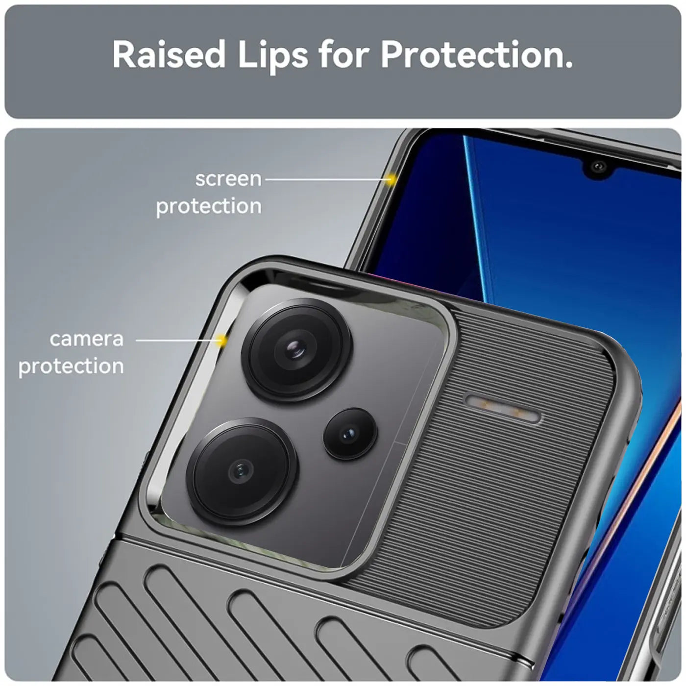 Graue Handyhülle aus Kunststoff, Nahaufnahme, zeigt Kamera- und Bildschirmschutz des Xiaomi Redmi Note 13 Pro+ 5G.