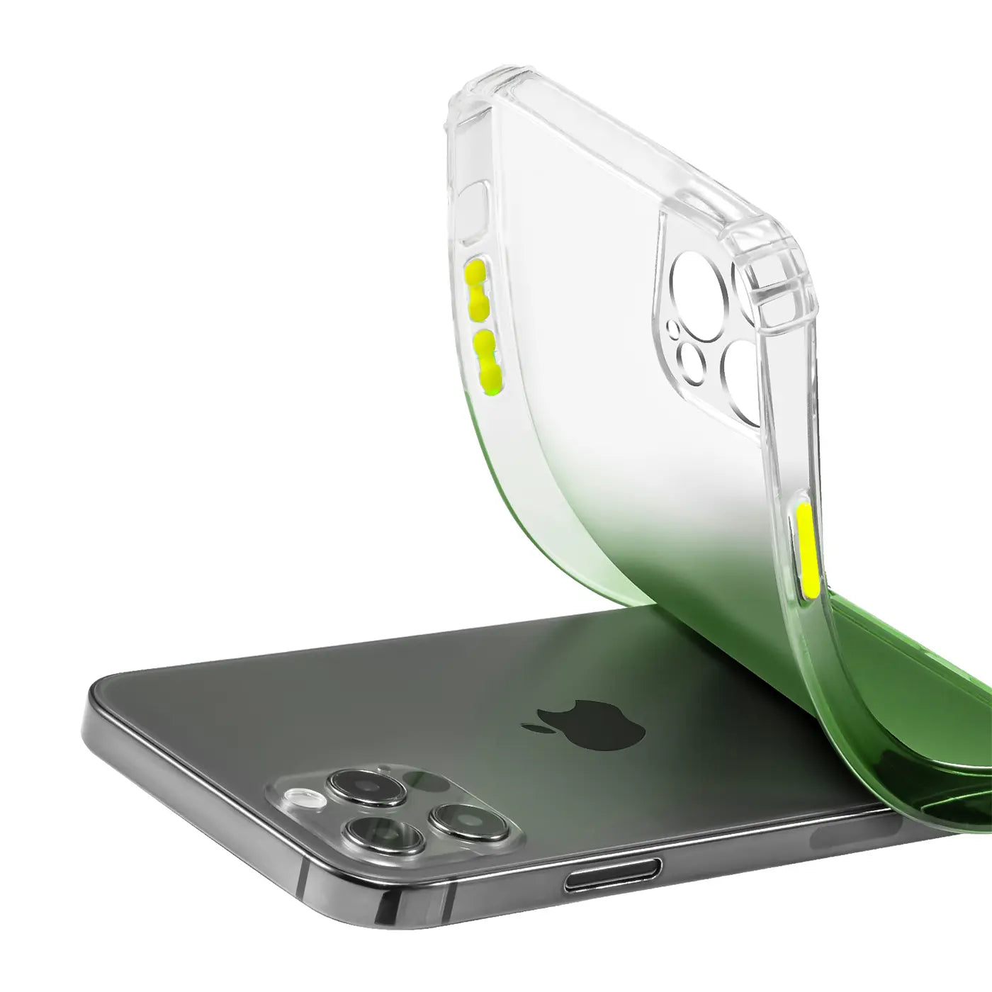 Transparente Hülle mit grünem Farbverlauf, gelben Akzenten, auf iPhone 11, von oben.