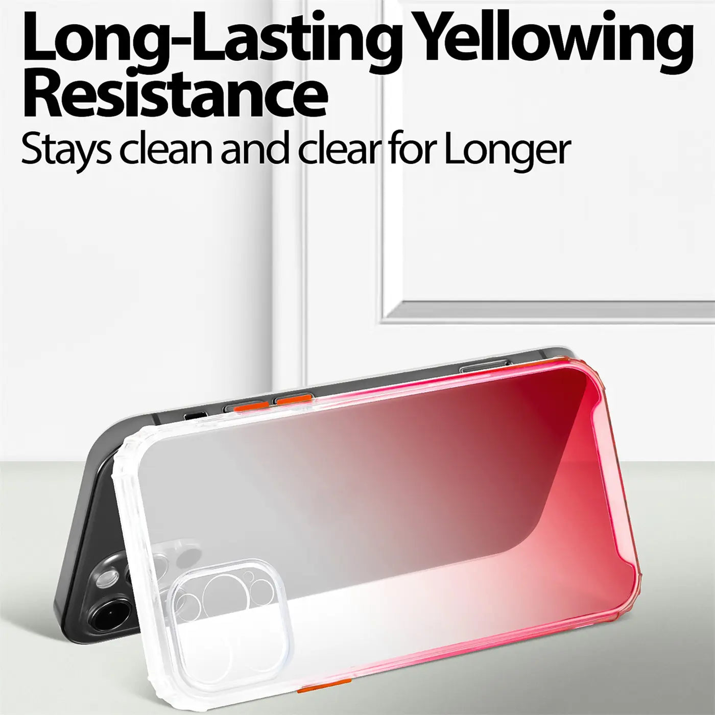 iPhone 12 Pro mit transparenter Hülle, Farbverlauf rot/weiß, von schräg oben