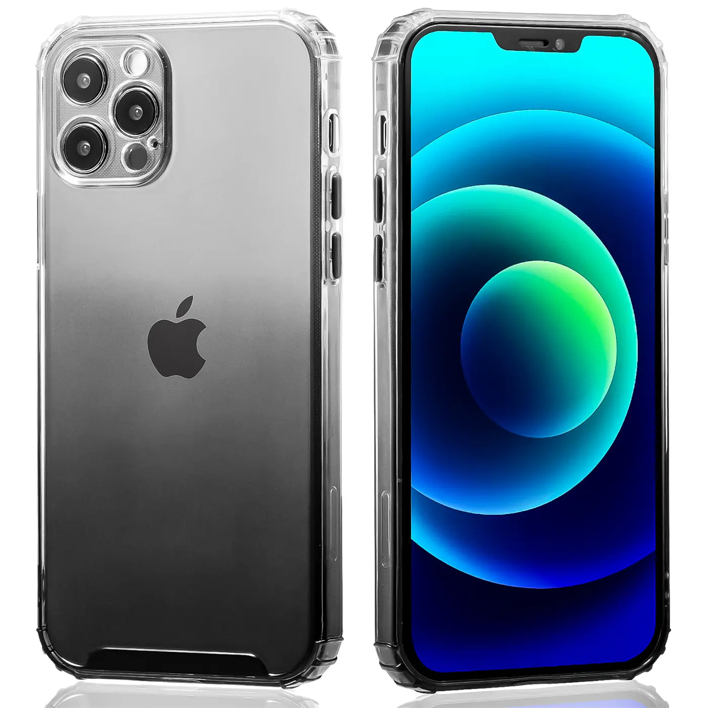 iPhone 12 Pro Hülle, transparent/grauer Farbverlauf, TPU, Rück- und Vorderansicht