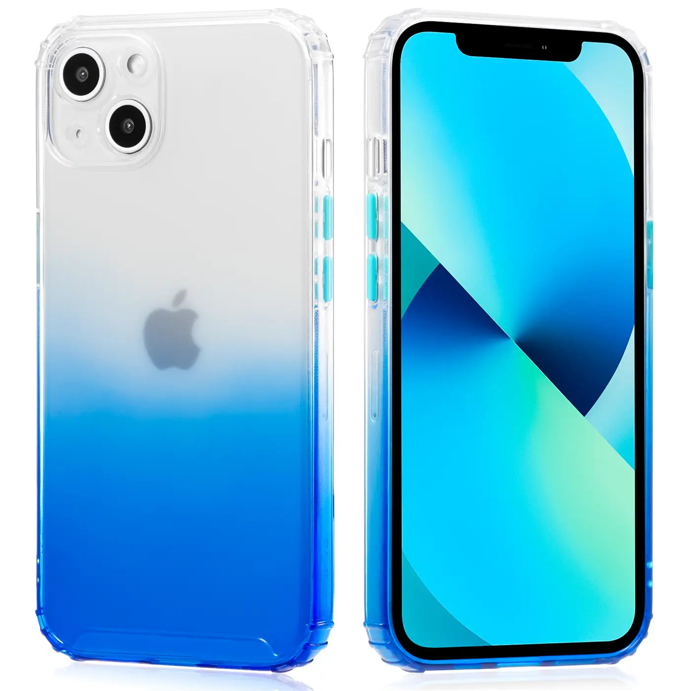iPhone 13 Mini Hülle, transparent mit blauem Farbverlauf, Rück- und Vorderansicht
