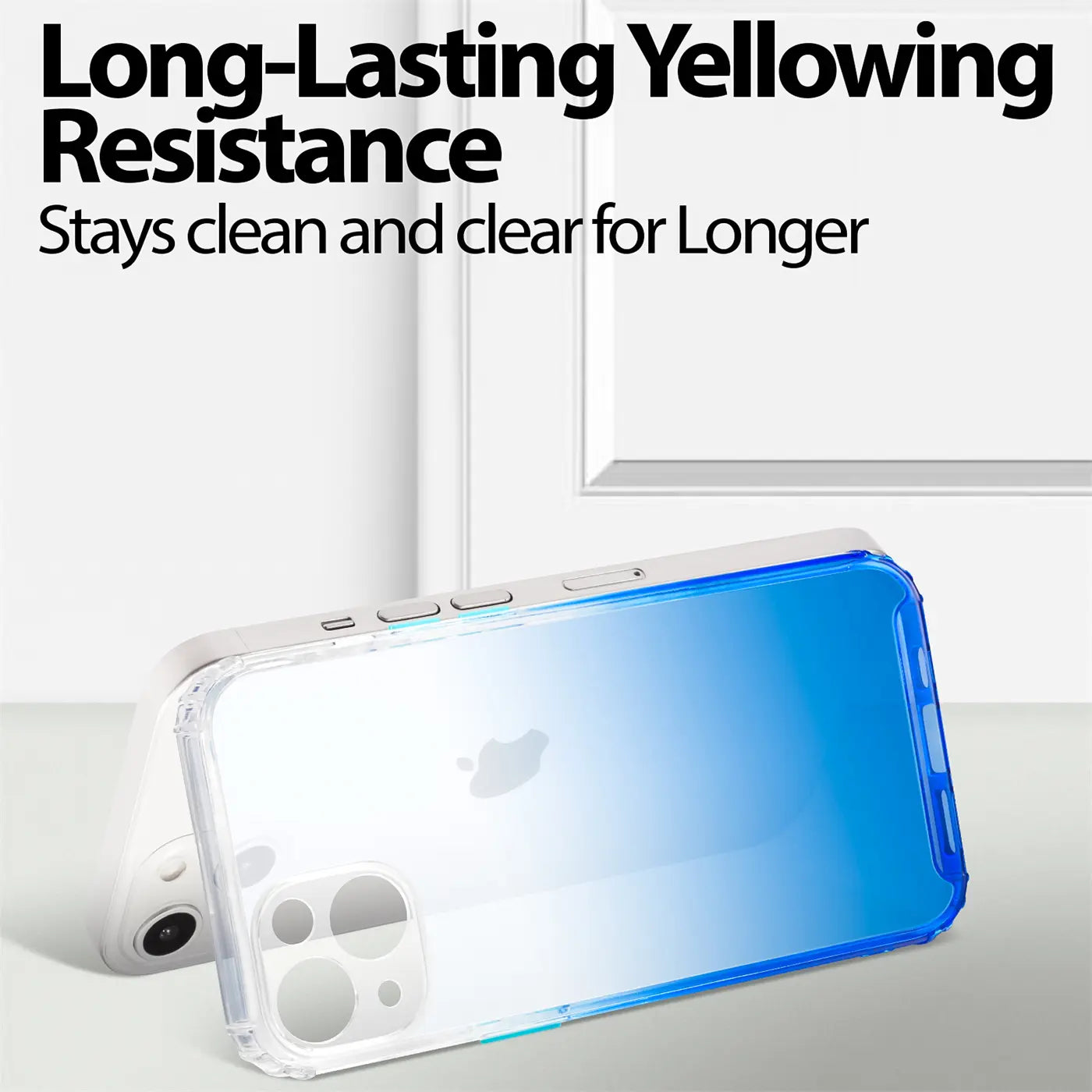 iPhone 13 Mini Hülle, transparent, blauverlauf, von oben/seitlich, mit Gerät