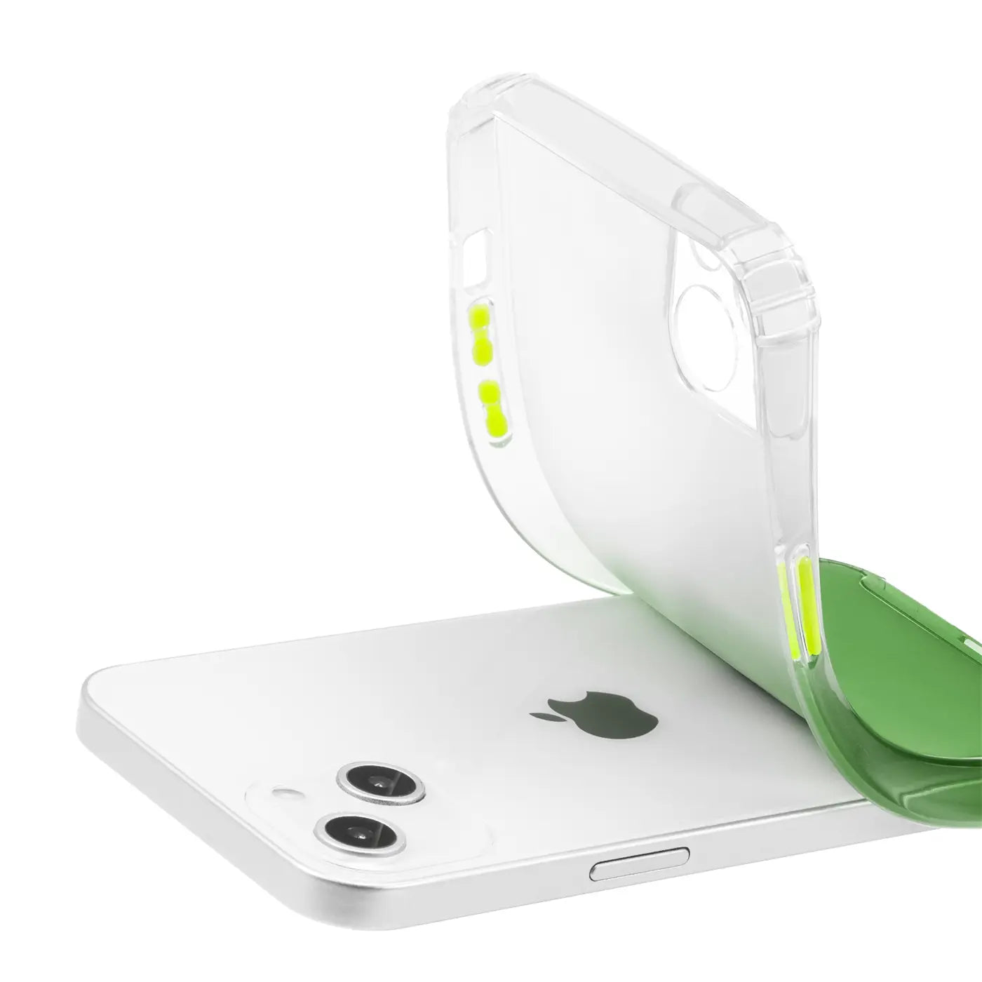 Transparente Hülle mit grünen Akzenten, Nahaufnahme, iPhone 13 Mini