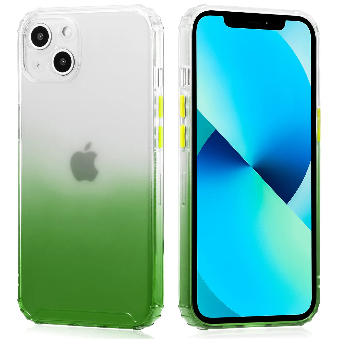 iPhone 13 Mini Hülle, transparent mit grünem Farbverlauf, Rück- und Vorderansicht.