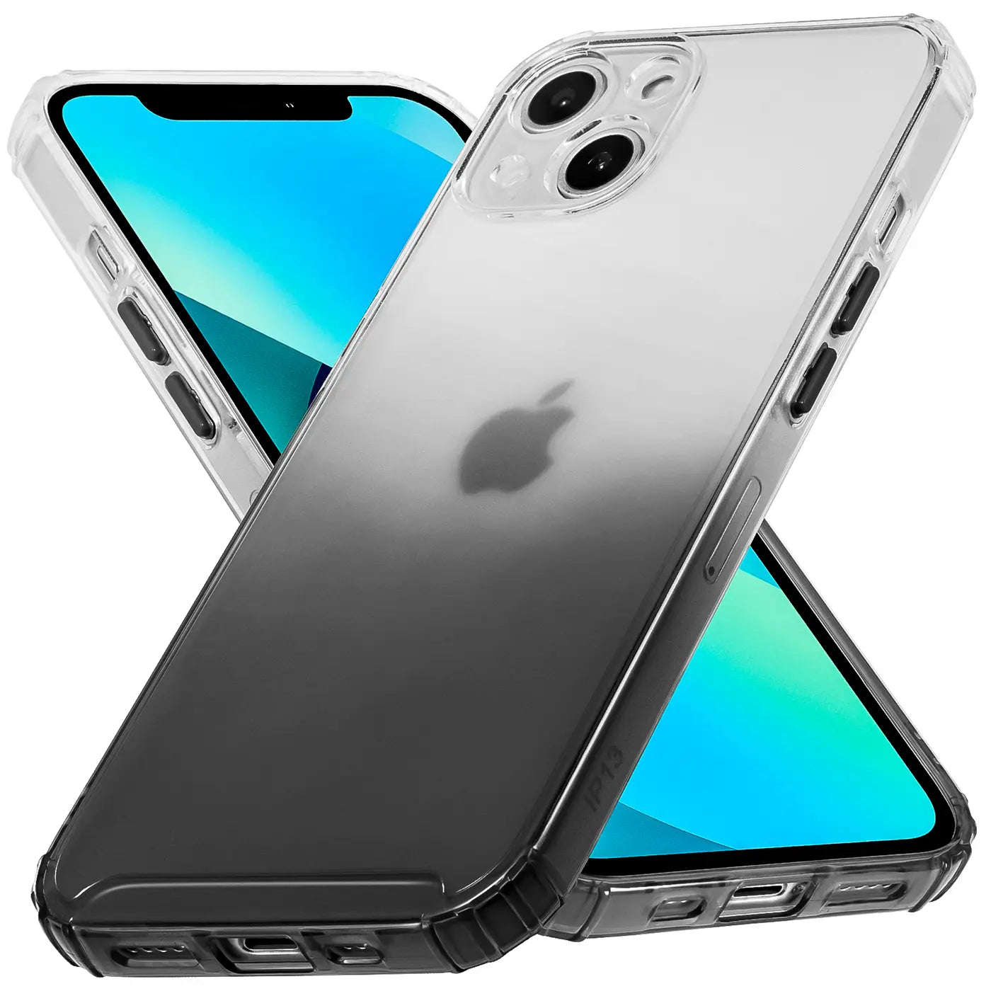 iPhone 13 Mini Hülle, transparent mit Farbverlauf grau/schwarz, von vorne/hinten, aus Kunststoff